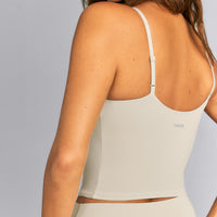 SoftMotion™ Adjustable V Neck Mid Tank Top with Built in Bra Shelf | Oatmeal