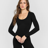 SoftMotion™ Scoop Neck Long Sleeve Top with Built in Bra Shelf with White Logo | Black