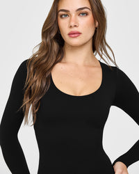 SoftMotion™ Scoop Neck Long Sleeve Top with Built in Bra Shelf with White Logo | Black