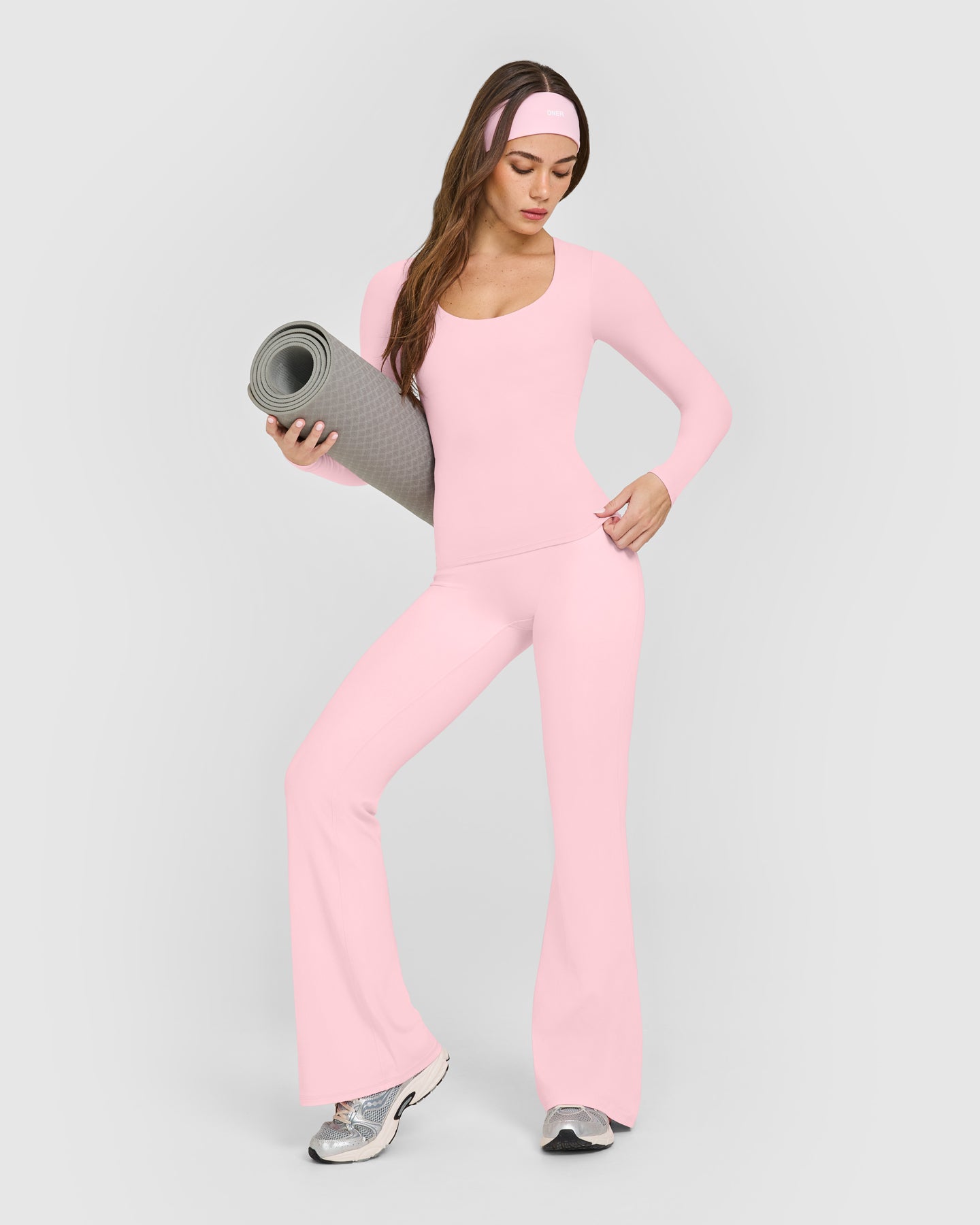 SoftMotion™ Scoop Neck Long Sleeve Top with Built in Bra Shelf with White Logo | Cherry Blossom Pink