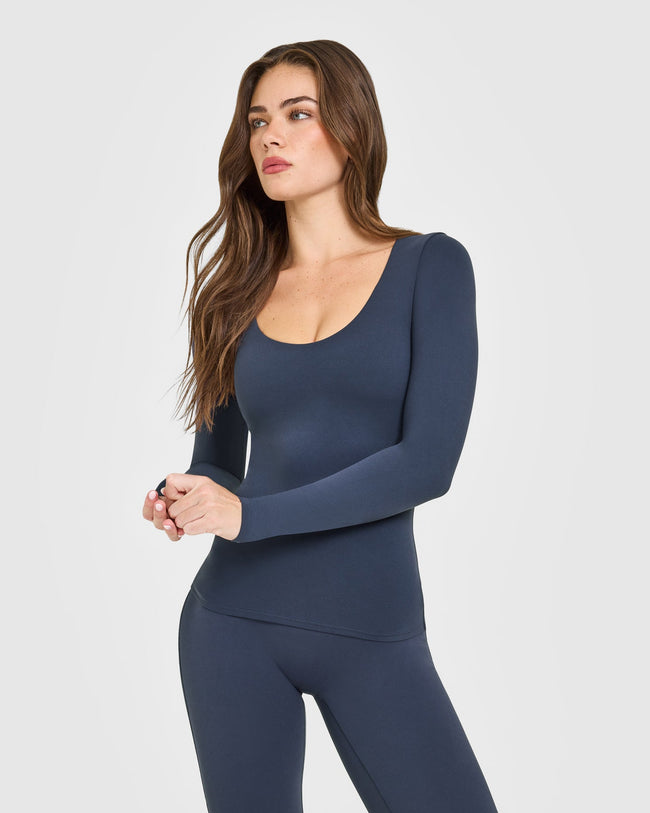 SoftMotion™ Scoop Neck Long Sleeve Top with Built in Bra Shelf with White Logo | True Blue