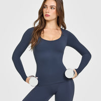 SoftMotion™ Scoop Neck Long Sleeve Top with Built in Bra Shelf with White Logo | True Blue