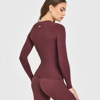 SoftMotion™ Scoop Neck Long Sleeve Top with Built in Bra Shelf with White Logo | Velvet Mocha