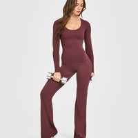 SoftMotion™ Scoop Neck Long Sleeve Top with Built in Bra Shelf with White Logo | Velvet Mocha