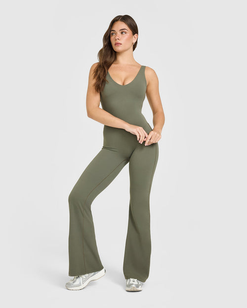 SoftMotion™ Scoop Back Flared All In One Long with White Logo | Alpine Green