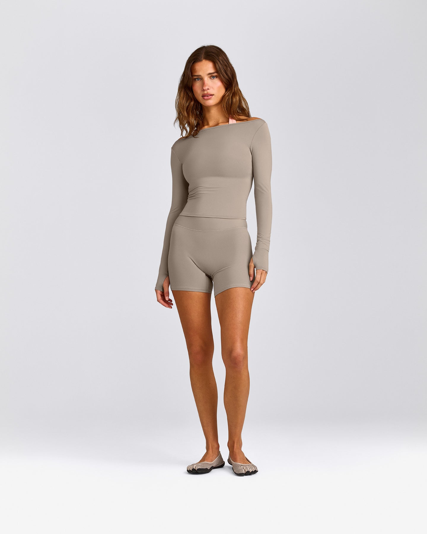 FormeSoft™ Fitted Off-The-Shoulder Long Sleeve Top | Warm Sand