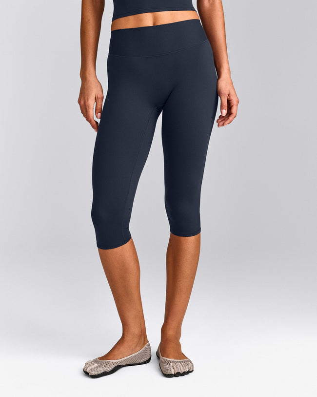 SoftMotion™ High Waisted Capri Leggings with Grey Logo | True Blue