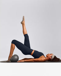 SoftMotion™ High Waisted Capri Leggings with Grey Logo | True Blue