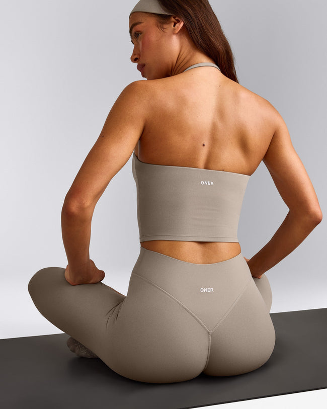 SoftMotion™ High Waisted Capri Leggings with White Logo | Warm Sand