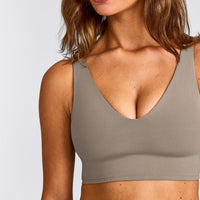 SoftMotion™ Longline Sports Bra with White Logo | Warm Sand