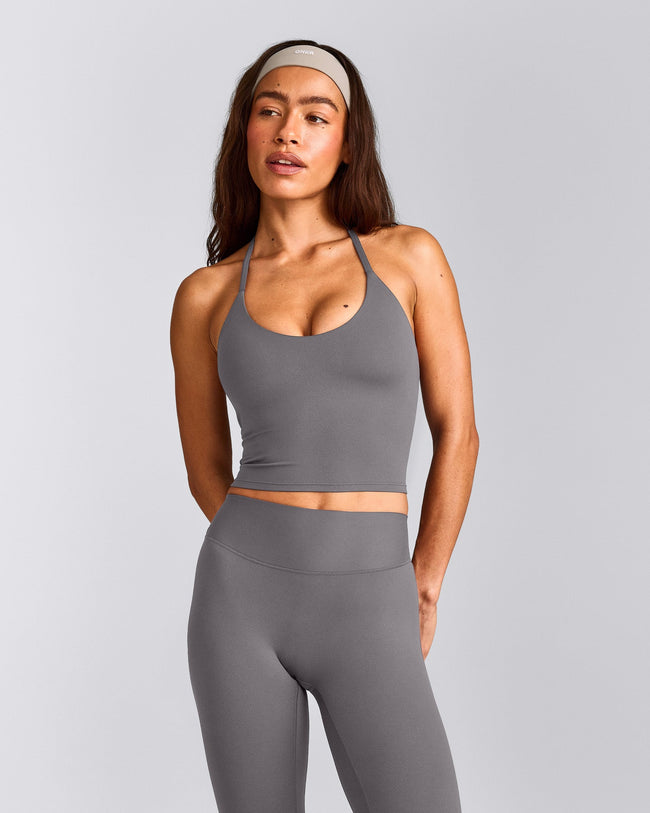 SoftMotion™ Strappy Halter Neck Mid Vest with Built in Bra Shelf with Grey Logo | Ash Grey