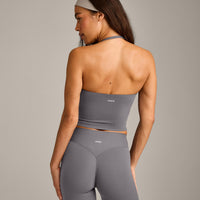 SoftMotion™ Strappy Halter Neck Mid Vest with Built in Bra Shelf with Grey Logo | Ash Grey