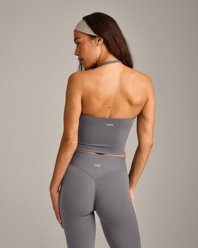 SoftMotion™ Strappy Halter Neck Mid Vest with Built in Bra Shelf with Grey Logo | Ash Grey