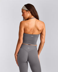 SoftMotion™ Strappy Halter Neck Mid Vest with Built in Bra Shelf with Grey Logo | Ash Grey