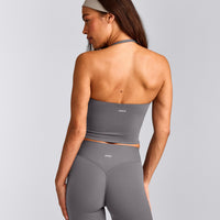 SoftMotion™ Strappy Halter Neck Mid Vest with Built in Bra Shelf with Grey Logo | Ash Grey