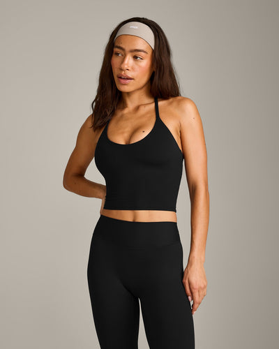SoftMotion™ Strappy Halter Neck Mid Vest with Built in Bra Shelf with Grey Logo | Black
