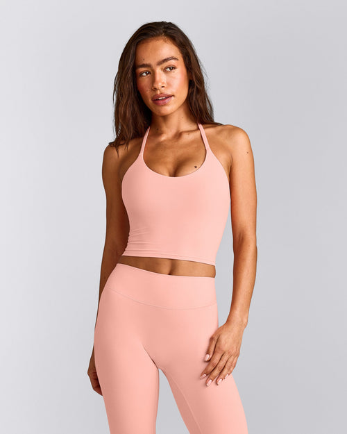 SoftMotion™ Strappy Halter Neck Mid Tank Top with Built in Bra Shelf with Gray Logo | Peach Orange