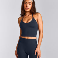 SoftMotion™ Strappy Halter Neck Mid Vest with Built in Bra Shelf with Grey Logo | True Blue