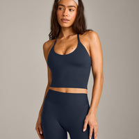 SoftMotion™ Strappy Halter Neck Mid Vest with Built in Bra Shelf with Grey Logo | True Blue
