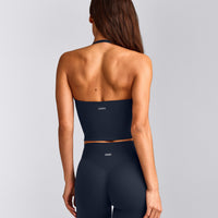 SoftMotion™ Strappy Halter Neck Mid Vest with Built in Bra Shelf with Grey Logo | True Blue