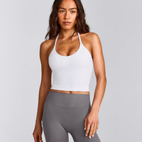 SoftMotion™ Strappy Halter Neck Mid Vest with Built in Bra Shelf with Grey Logo | White