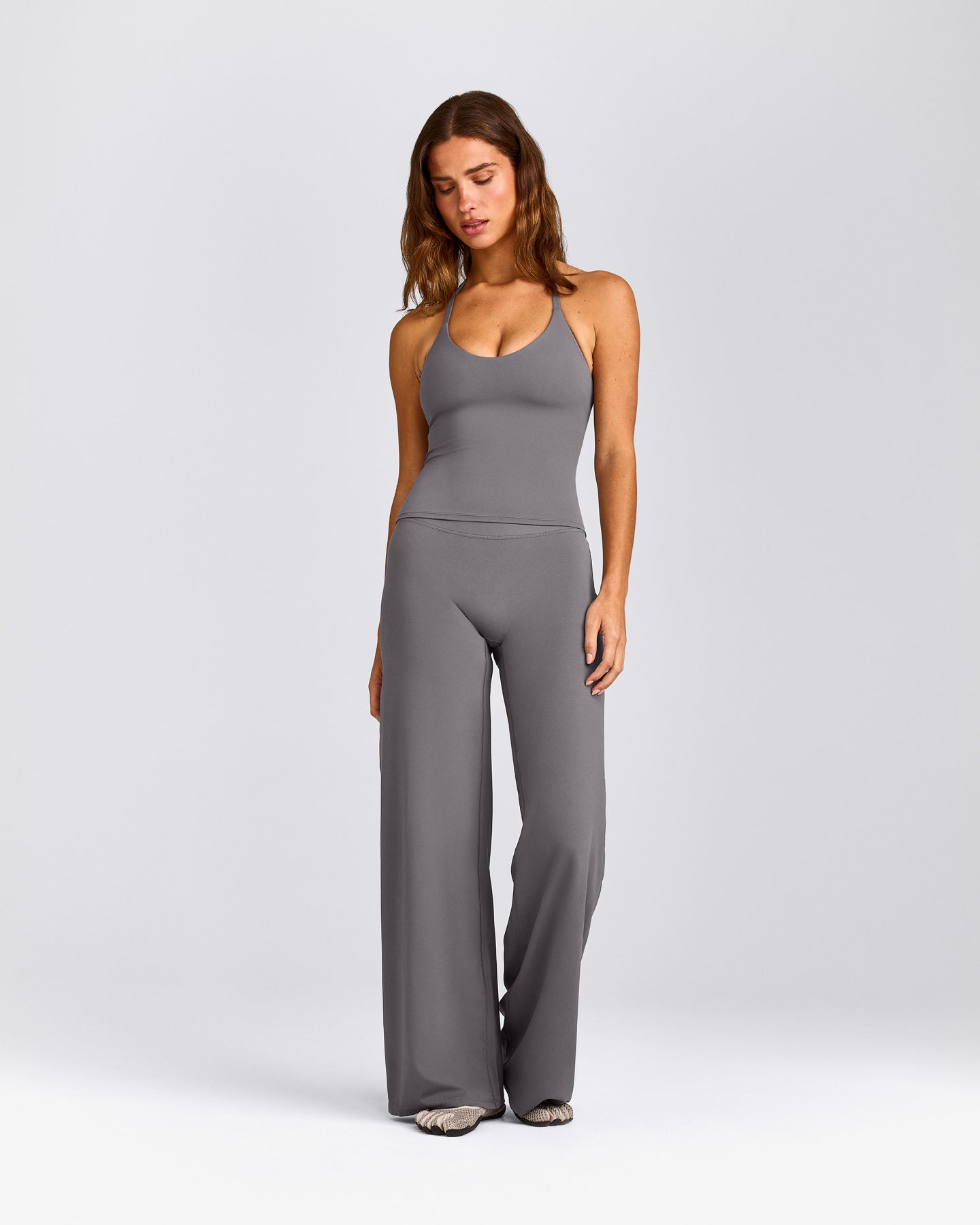 SoftMotion™ Strappy Halter Neck Vest with Built in Bra Shelf with Grey Logo | Ash Grey