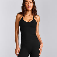 SoftMotion™ Strappy Halter Neck Vest with Built in Bra Shelf with Grey Logo | Black