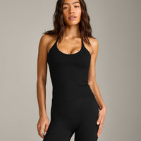 SoftMotion™ Strappy Halter Neck Vest with Built in Bra Shelf with Grey Logo | Black