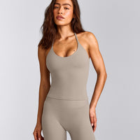 SoftMotion™ Strappy Halter Neck Vest with Built in Bra Shelf with White Logo | Warm Sand