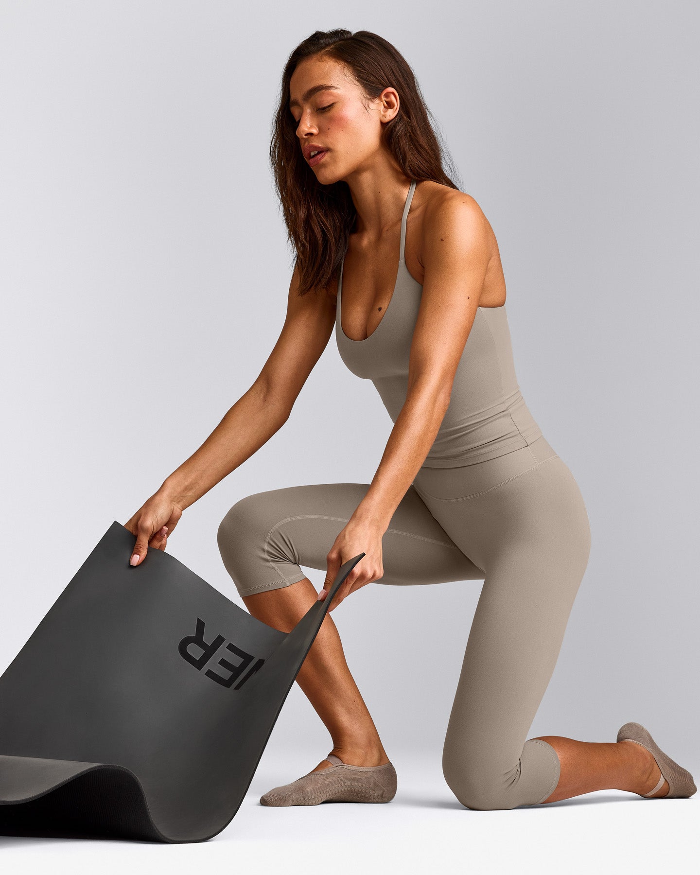 SoftMotion™ Strappy Halter Neck Vest with Built in Bra Shelf with White Logo | Warm Sand