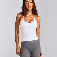 SoftMotion™ Strappy Halter Neck Vest with Built in Bra Shelf with Grey Logo | White
