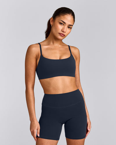 SoftMotion™ Strappy Sports Bra with Grey Logo | True Blue