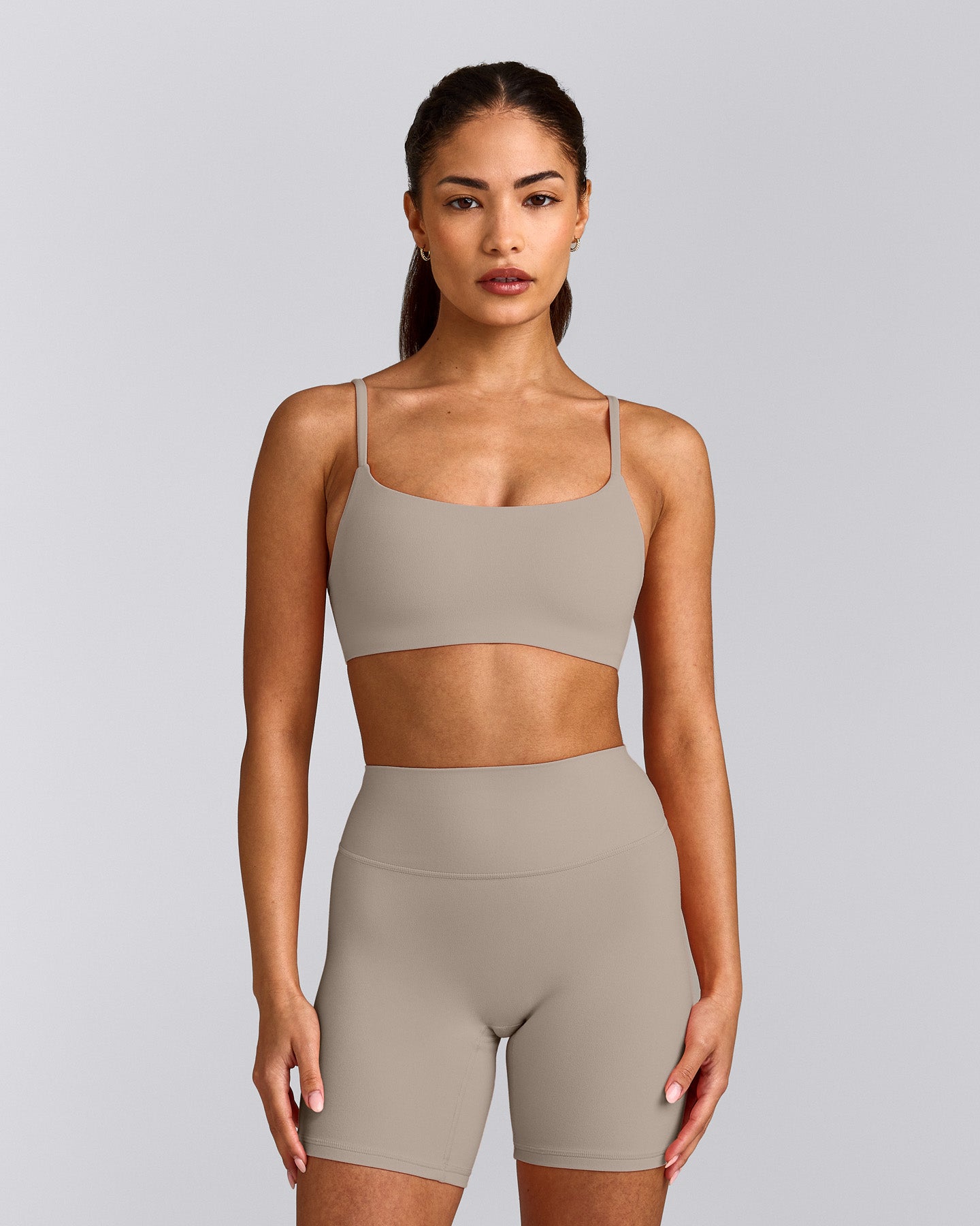 SoftMotion™ Strappy Sports Bra with White Logo | Warm Sand