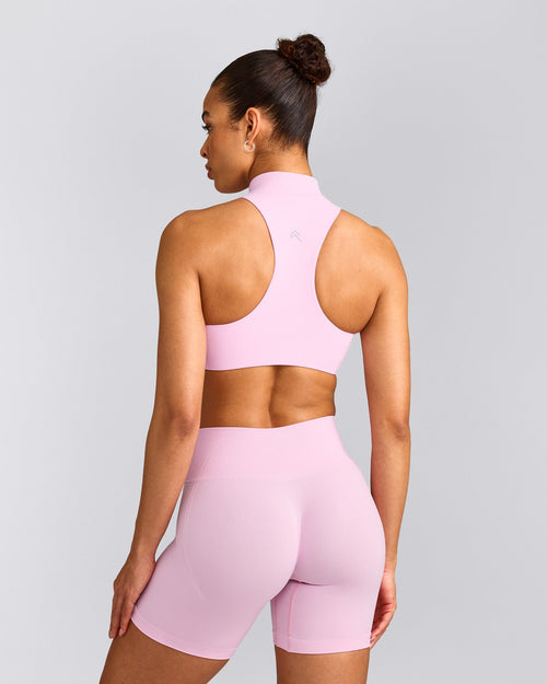 EasyLift™ Zip High Neck Sports Bra with Gray Logo | Chalk Pink