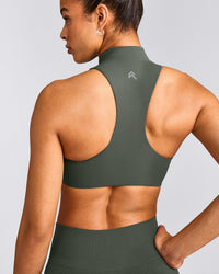 EasyLift™ Zip High Neck Sports Bra with Gray Logo | Dark Khaki