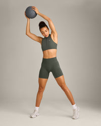 EasyLift™ Zip High Neck Sports Bra with Grey Logo | Dark Khaki