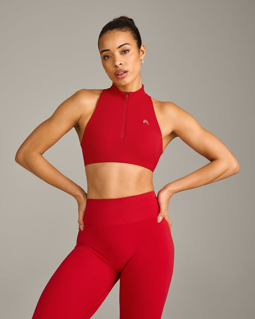 EasyLift™ Zip High Neck Sports Bra with Grey Logo | Fiery Red