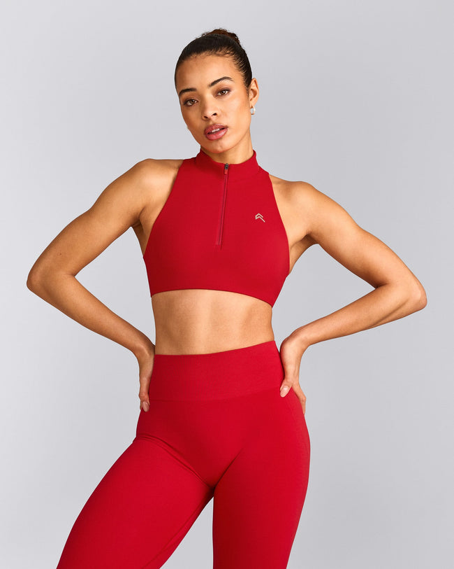 EasyLift™ Zip High Neck Sports Bra with Grey Logo | Fiery Red