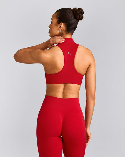 EasyLift™ Zip High Neck Sports Bra with Grey Logo | Fiery Red