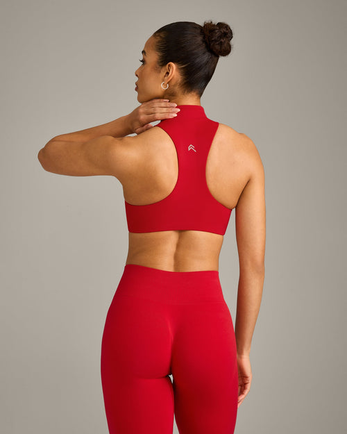 EasyLift™ Zip High Neck Sports Bra with Grey Logo | Fiery Red