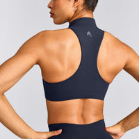 EasyLift™ Zip High Neck Sports Bra with Grey Logo | True Blue