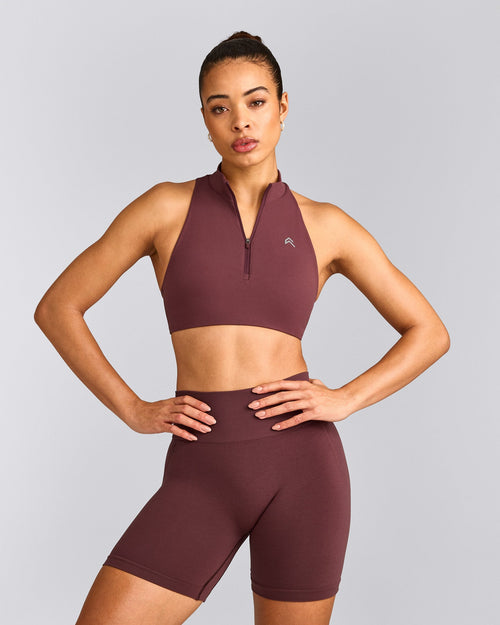 EasyLift™ Zip High Neck Sports Bra with Gray Logo | Velvet Mocha