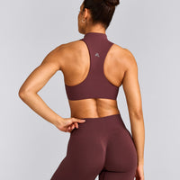 EasyLift™ Zip High Neck Sports Bra with Grey Logo | Velvet Mocha