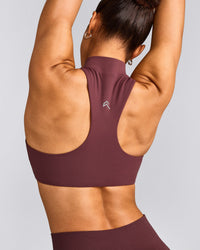 EasyLift™ Zip High Neck Sports Bra with Grey Logo | Velvet Mocha
