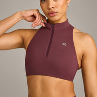 EasyLift™ Zip High Neck Sports Bra with Grey Logo | Velvet Mocha