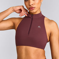 EasyLift™ Zip High Neck Sports Bra with Grey Logo | Velvet Mocha