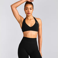 EffortlessLift™ Seamless Halter Neck Sports Bra with Grey Logo | Black