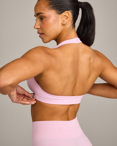 EffortlessLift™ Seamless Halter Neck Sports Bra with Grey Logo | Chalk Pink