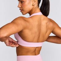 EffortlessLift™ Seamless Halter Neck Sports Bra with Grey Logo | Chalk Pink