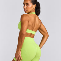 EffortlessLift™ Seamless Halter Neck Sports Bra with Grey Logo | Citrus Green